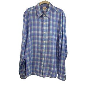 Faherty Shirt Mens Large 100% Linen Blue Purple Plaid Button Up Quiet Luxury